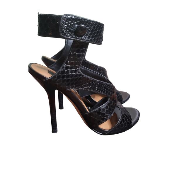 Ann Taylor Payton Leather Sandals 7 Black Ankle Strap Stiletto Heels Open Toe - Picture 1 of 8